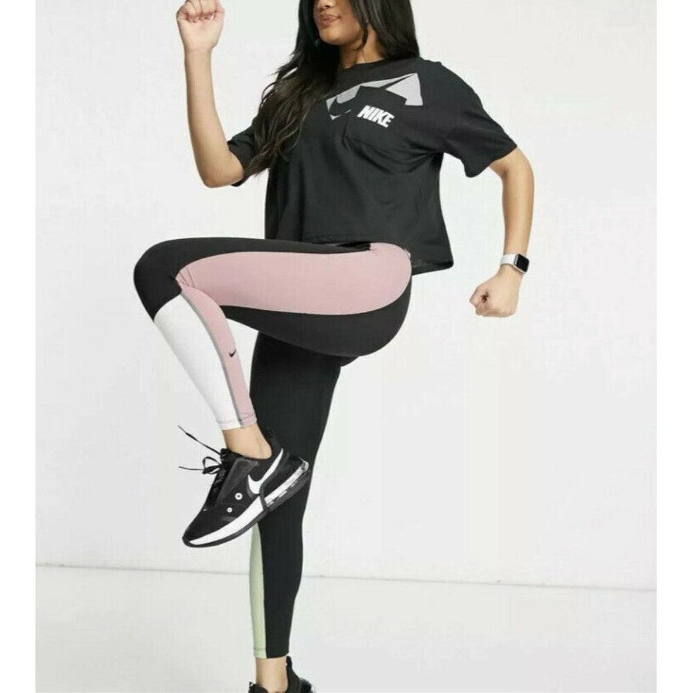 Nike Women's One Dri-Fit Sportswear Mid Rise Gym Pink Black 7/8 Leggings Pants